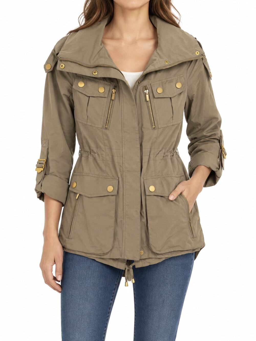 BCBGMAXAZRIA Women's Brooke Taupe Utility Anorak Hooded Jacket XXS Gold Hardware